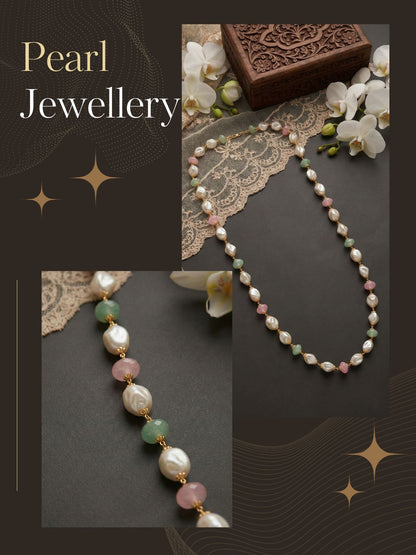 Meira Jewellery Pearl Beaded Necklace for Women, Pastel Pink Green Beads 24 inch Long Chain Necklace, Pearl Mala Necklace for Ethnic & Western Stylish Jewellery for Festive, Party, Wedding & Daily-01