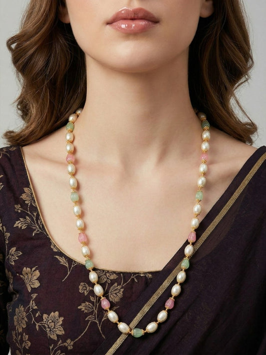 Meira Jewellery Pearl Beaded Necklace for Women, Pastel Pink Green Beads 24 inch Long Chain Necklace, Pearl Mala Necklace for Ethnic & Western Stylish Jewellery for Festive, Party, Wedding & Daily-02