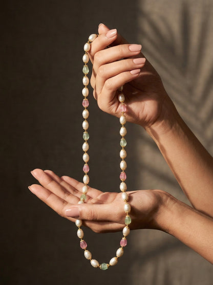 Meira Jewellery Pearl Beaded Necklace for Women, Pastel Pink Green Beads 24 inch Long Chain Necklace, Pearl Mala Necklace for Ethnic & Western Stylish Jewellery for Festive, Party, Wedding & Daily-02