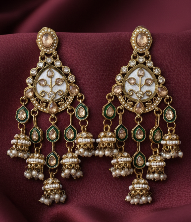 kundan jhumka,meenakari earrings,kahmiri earring,chandbali,chandelier earrings, dome jhumkas,pearl cluster jhumka, long earrings,heavy earrings,big earrings,designer earrings,latest design,new design