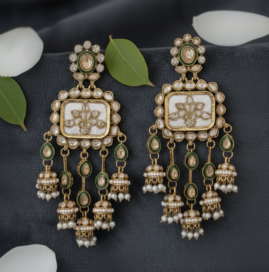 kundan jhumka,meenakari earrings,kahmiri earring,chandbali,chandelier earrings, dome jhumkas,pearl cluster jhumka, long earrings,heavy earrings,big earrings,designer earrings,latest design,new design