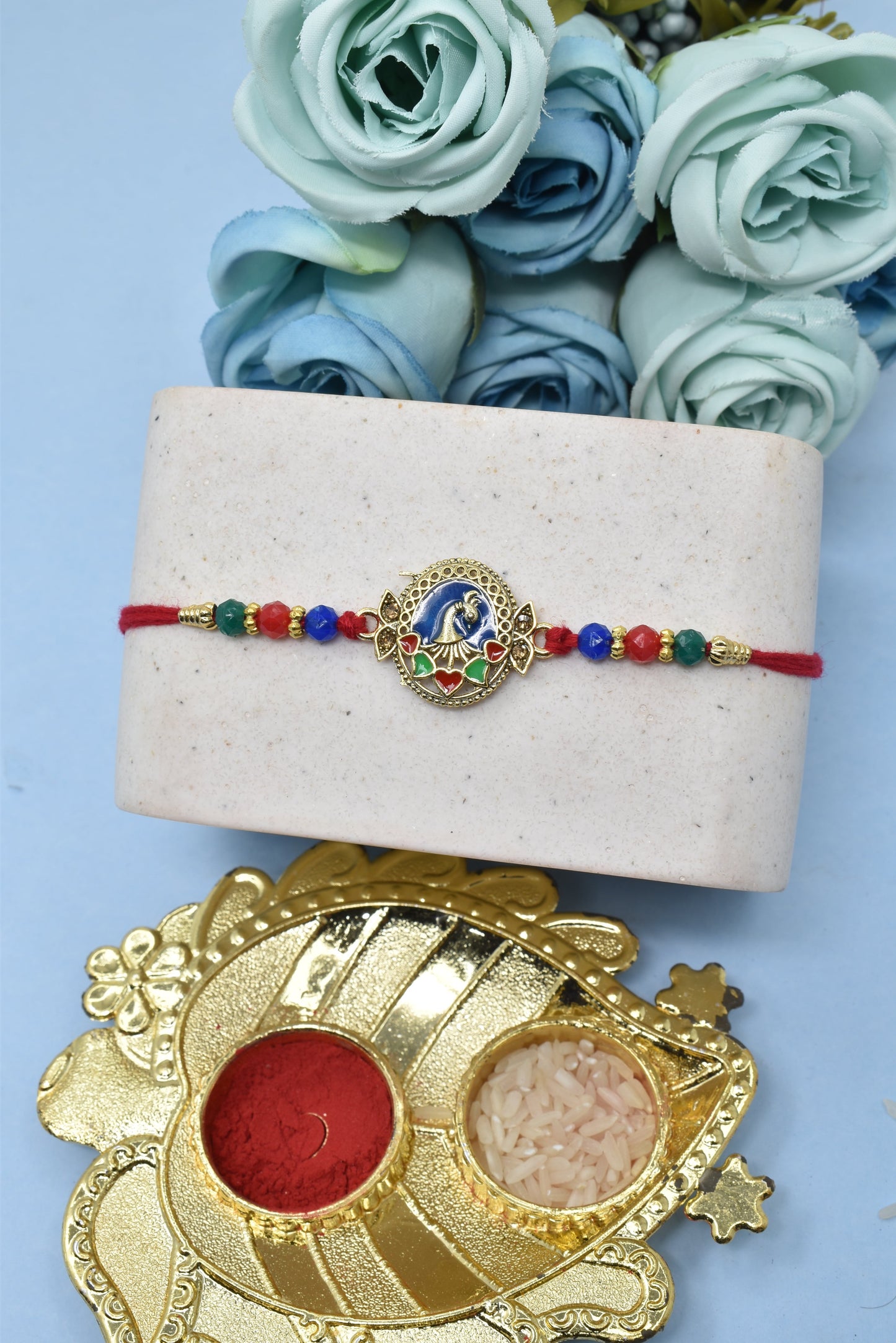 Ethnic Peacock  Morpaankh AD Kundan Stone Multicolored Meenakari Rakhis Set of 2 Rakhi  Made from Cotton Threds with Pack of Roli Chawal n Rakshabandhan Greetings Card |rakhi for brother|Bhaiya Rakhi | Kids rakhi |Rakhi for kids|Rakhi for Bhaiya