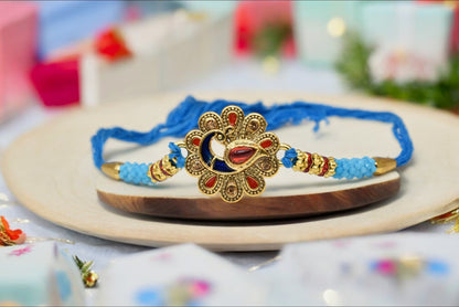 Classic Peacock  Morpaankh AD Kundan Stone Multicolored Meenakari Rakhis Set of 2 Rakhi  Made from Cotton Threds with Pack of Roli Chawal n Rakshabandhan Greetings Card |rakhi for brother|Bhaiya Rakhi | Kids rakhi |Rakhi for kids|Rakhi for Bhaiya