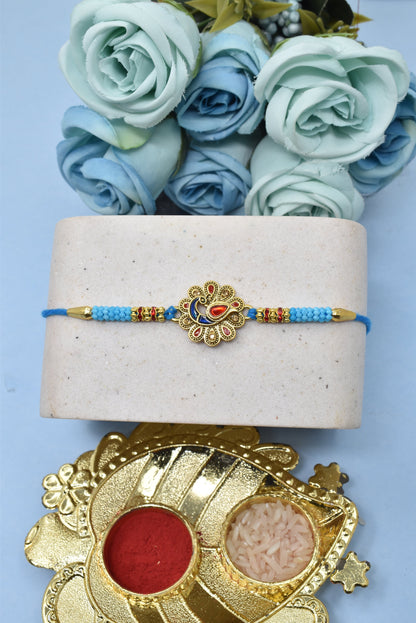 Classic Peacock  Morpaankh AD Kundan Stone Multicolored Meenakari Rakhis Set of 2 Rakhi  Made from Cotton Threds with Pack of Roli Chawal n Rakshabandhan Greetings Card |rakhi for brother|Bhaiya Rakhi | Kids rakhi |Rakhi for kids|Rakhi for Bhaiya