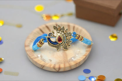 Classic Peacock  Morpaankh AD Kundan Stone Multicolored Blue Meenakari Rakhis Set of 2 Rakhi  Made from Cotton Threds with Pack of Roli Chawal n Rakshabandhan Greetings Card |rakhi for brother|Bhaiya Rakhi | Kids rakhi |Rakhi for kids|Rakhi for Bhaiya