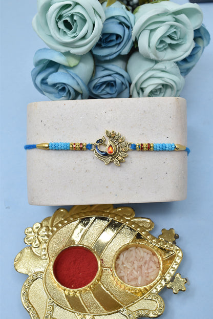 Classic Peacock  Morpaankh AD Kundan Stone Multicolored Blue Meenakari Rakhis 1 Rakhi Made from Cotton Threds with Pack of Roli Chawal n Rakshabandhan Greetings Card |rakhi for brother|Bhaiya Rakhi | Kids rakhi |Rakhi for kids|Rakhi for Bhaiya