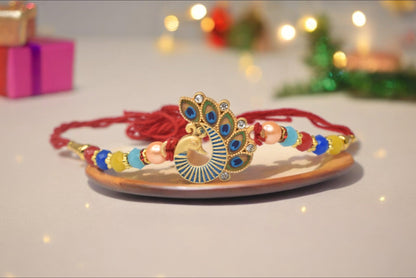 Designer  Peacock  Morpaankh AD Kundan Stone Multicolored Meenakari Rakhis 1 Rakhi Made from Cotton Threds with Pack of Roli Chawal n Rakshabandhan Greetings Card |rakhi for brother|Bhaiya Rakhi | Kids rakhi |Rakhi for kids|Rakhi for Bhaiya