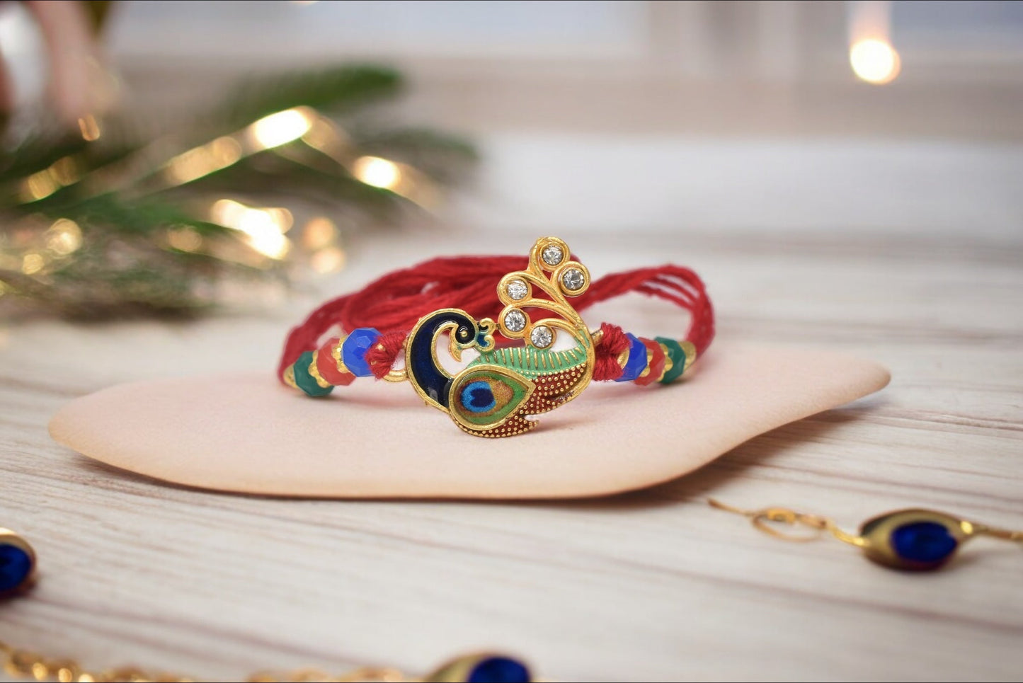 Designer Peacock Morpaankh AD Kundan Stone Multicolored Red Meenakari Rakhis 1 Rakhi Made from Cotton Threds with Pack of Roli Chawal n Rakshabandhan Greetings Card |rakhi for brother|Bhaiya Rakhi | Kids rakhi |Rakhi for kids|Rakhi for Bhaiya