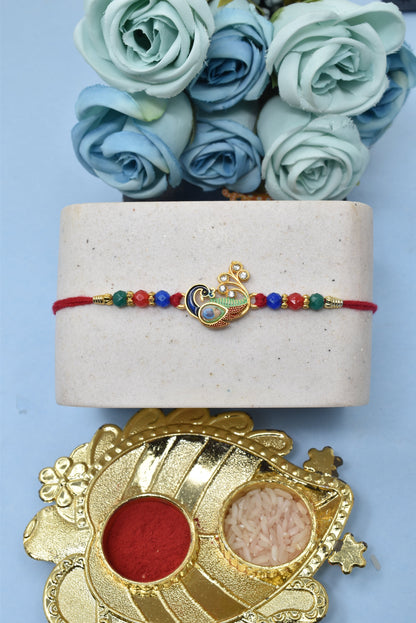 Designer Peacock Morpaankh AD Kundan Stone Multicolored Red Meenakari Rakhis 1 Rakhi Made from Cotton Threds with Pack of Roli Chawal n Rakshabandhan Greetings Card |rakhi for brother|Bhaiya Rakhi | Kids rakhi |Rakhi for kids|Rakhi for Bhaiya