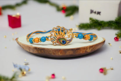 Simple  Peacock Morpaankh AD Kundan Stone Multicolored  Rakhis Set of 2 Rakhi  Made from Cotton Threds with Pack of Roli Chawal n Rakshabandhan Greetings Card |rakhi for brother|Bhaiya Rakhi | Kids rakhi |Rakhi for kids|Rakhi for Bhaiya