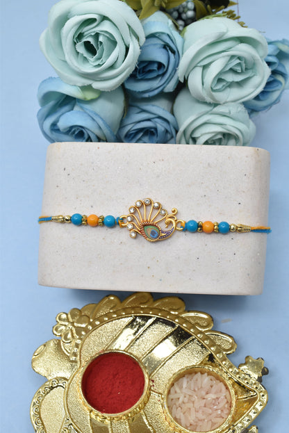 Simple  Peacock Morpaankh AD Kundan Stone Multicolored  Rakhis  Set of 3 Rakhi   with Pack of Roli Chawal n Card |rakhi for brother|Bhaiya Rakhi | Kids rakhi |Rakhi for kids|Rakhi for Bhaiya