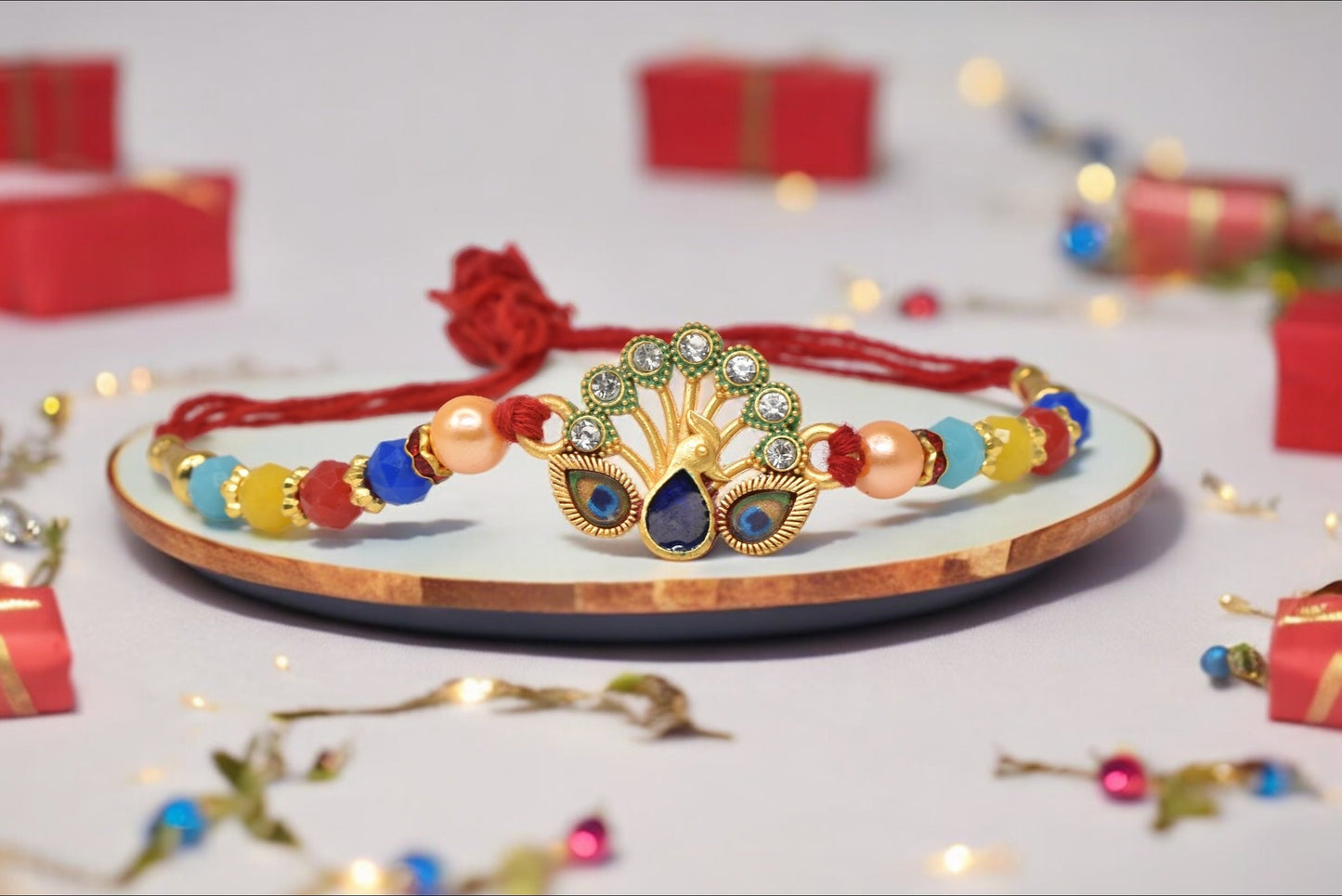 Simple n  Beautiful Peacock Morpaankh AD Kundan Stone Multicolored  Rakhis Set of 2 Rakhi  Made from Cotton Threds with Pack of Roli Chawal n Rakshabandhan Greetings Card |rakhi for brother|Bhaiya Rakhi | Kids rakhi |Rakhi for kids|Rakhi for Bhaiya