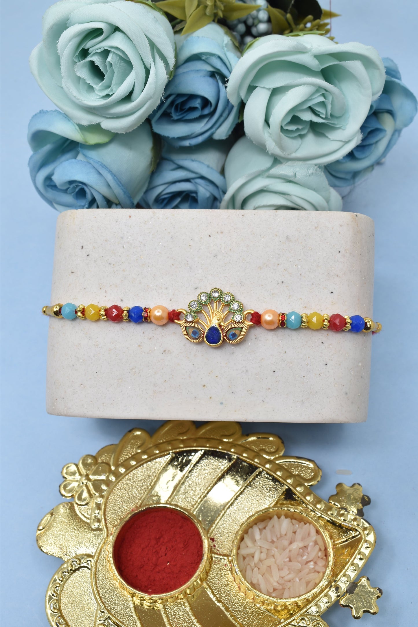 Simple n  Beautiful Peacock Morpaankh AD Kundan Stone Multicolored  Rakhis Set of 2 Rakhi  Made from Cotton Threds with Pack of Roli Chawal n Rakshabandhan Greetings Card |rakhi for brother|Bhaiya Rakhi | Kids rakhi |Rakhi for kids|Rakhi for Bhaiya