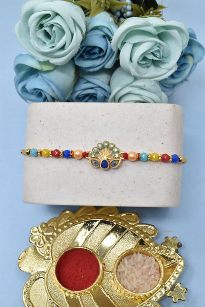 Simple n  Beautiful Peacock Morpaankh AD Kundan Stone Multicolored  Rakhis Set of 2 Rakhi  Made from Cotton Threds with Pack of Roli Chawal n Rakshabandhan Greetings Card |rakhi for brother|Bhaiya Rakhi | Kids rakhi |Rakhi for kids|Rakhi for Bhaiya