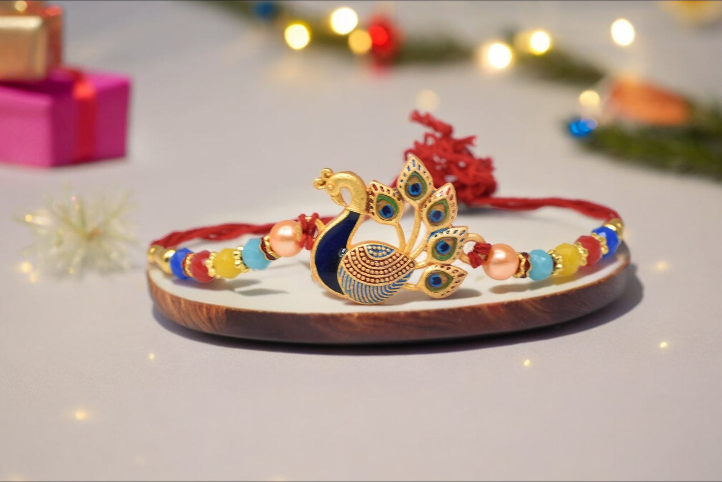 Heavy Designer Beautiful Peacock Morpaankh AD Kundan Stone Multicolored  Rakhis Set of 2 Rakhi  Made from Cotton Threds with Pack of Roli Chawal n Rakshabandhan Greetings Card |rakhi for brother|Bhaiya Rakhi | Kids rakhi |Rakhi for kids|Rakhi for Bhaiya