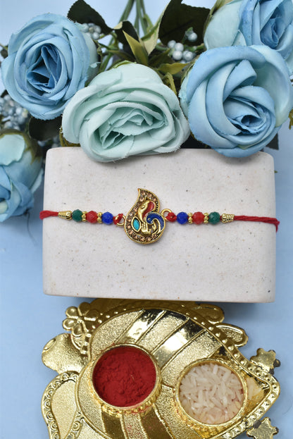 Simple n  Beautiful Leaf Style Peacock Morpaankh Kundan Stone Multicolored  Rakhis 1 Rakhi Made from Cotton Threds with Pack of Roli Chawal n Rakshabandhan Greetings Card |rakhi for brother|Bhaiya Rakhi | Kids rakhi |Rakhi for kids|Rakhi for Bhaiya