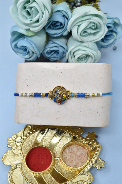 Simple n  Beautiful Round Peacock Morpaankh Kundan Stone Multicolored  Rakhis  Set of 3 Rakhi   with Pack of Roli Chawal n Card |rakhi for brother|Bhaiya Rakhi | Kids rakhi |Rakhi for kids|Rakhi for Bhaiya