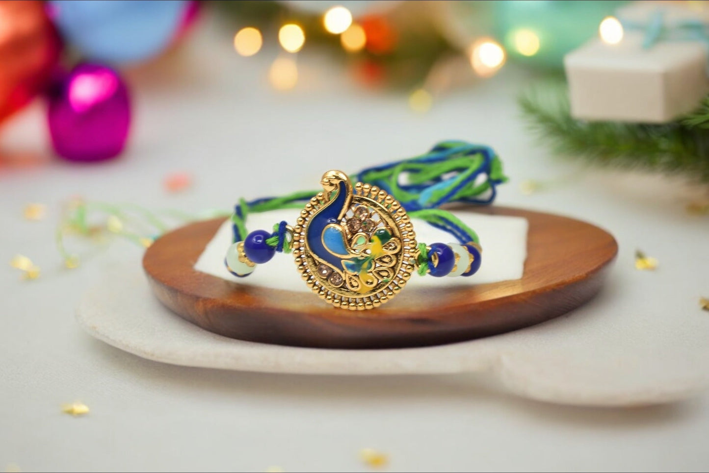 Beautiful Round Peacock on Lotus Morpaankh Kundan AD Stone Multicolored  Rakhis Set of 2 Rakhi  Made from Cotton Threds with Pack of Roli Chawal n Rakshabandhan Greetings Card |rakhi for brother|Bhaiya Rakhi | Kids rakhi |Rakhi for kids|Rakhi for Bhaiya