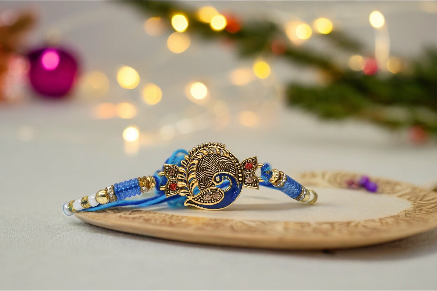 Beautiful Round Peacock on Morpaankh Goldplated Kundan Stone Multicolored  Rakhis 1 Rakhi Made from Cotton Threds with Pack of Roli Chawal n Rakshabandhan Greetings Card |rakhi for brother|Bhaiya Rakhi | Kids rakhi |Rakhi for kids|Rakhi for Bhaiya