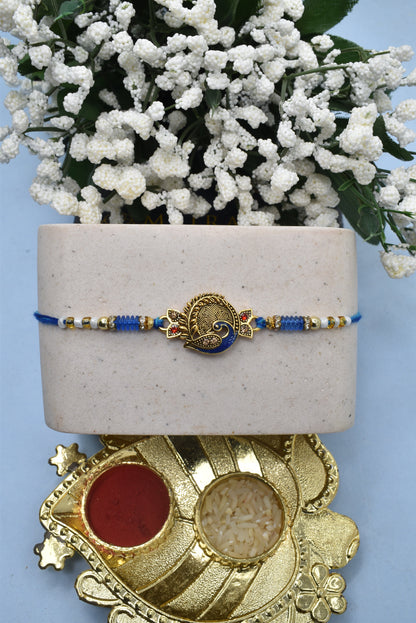 Beautiful Round Peacock on Morpaankh Goldplated Kundan Stone Multicolored  Rakhis  Set of 5 Rakhi   with Pack of Roli Chawal n Card |rakhi for brother|Bhaiya Rakhi | Kids rakhi |Rakhi for kids|Rakhi for Bhaiya