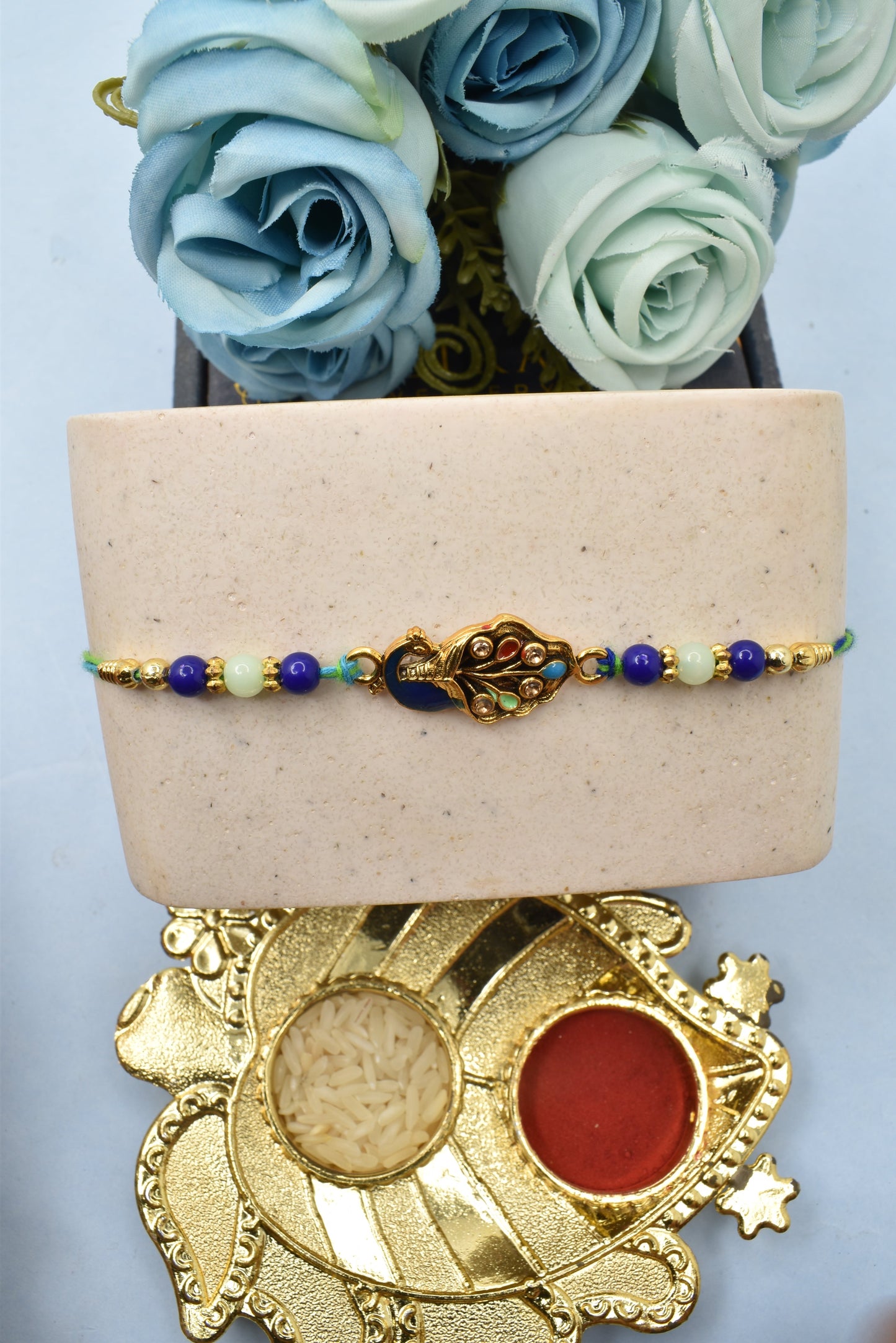 Elegent Peacock on Morpaankh Goldplated Kundan Stone Multicolored  Rakhis 1 Rakhi Made from Cotton Threds with Pack of Roli Chawal n Rakshabandhan Greetings Card |rakhi for brother|Bhaiya Rakhi | Kids rakhi |Rakhi for kids|Rakhi for Bhaiya