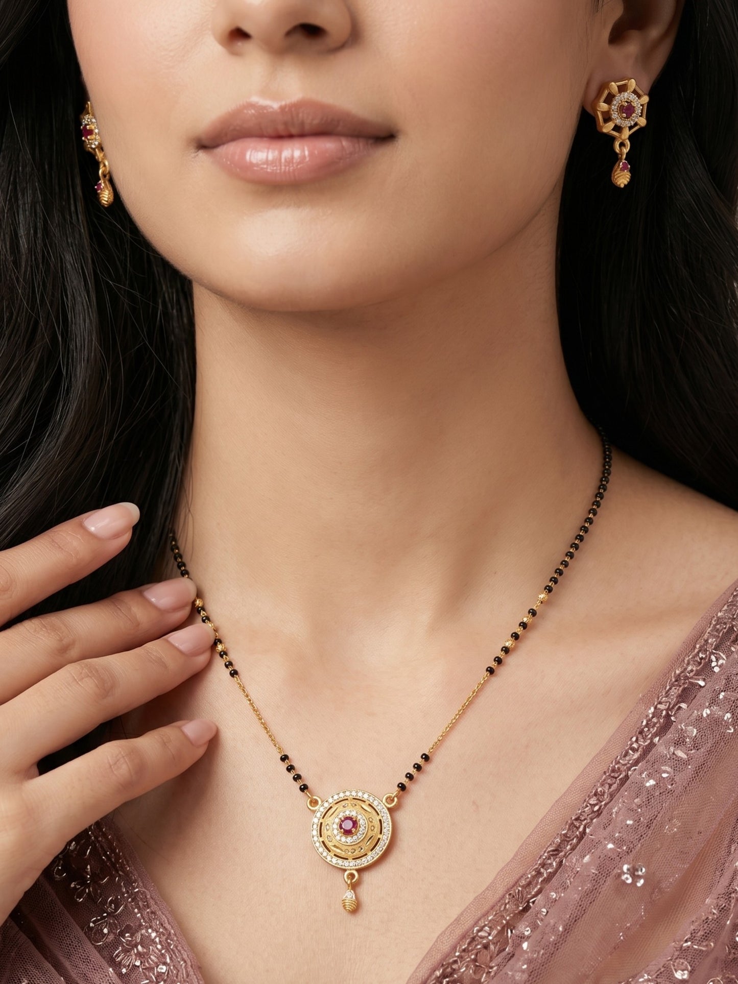 Gold-Toned Stone Studded Mangalsutra with Matching Earrings Combo Set