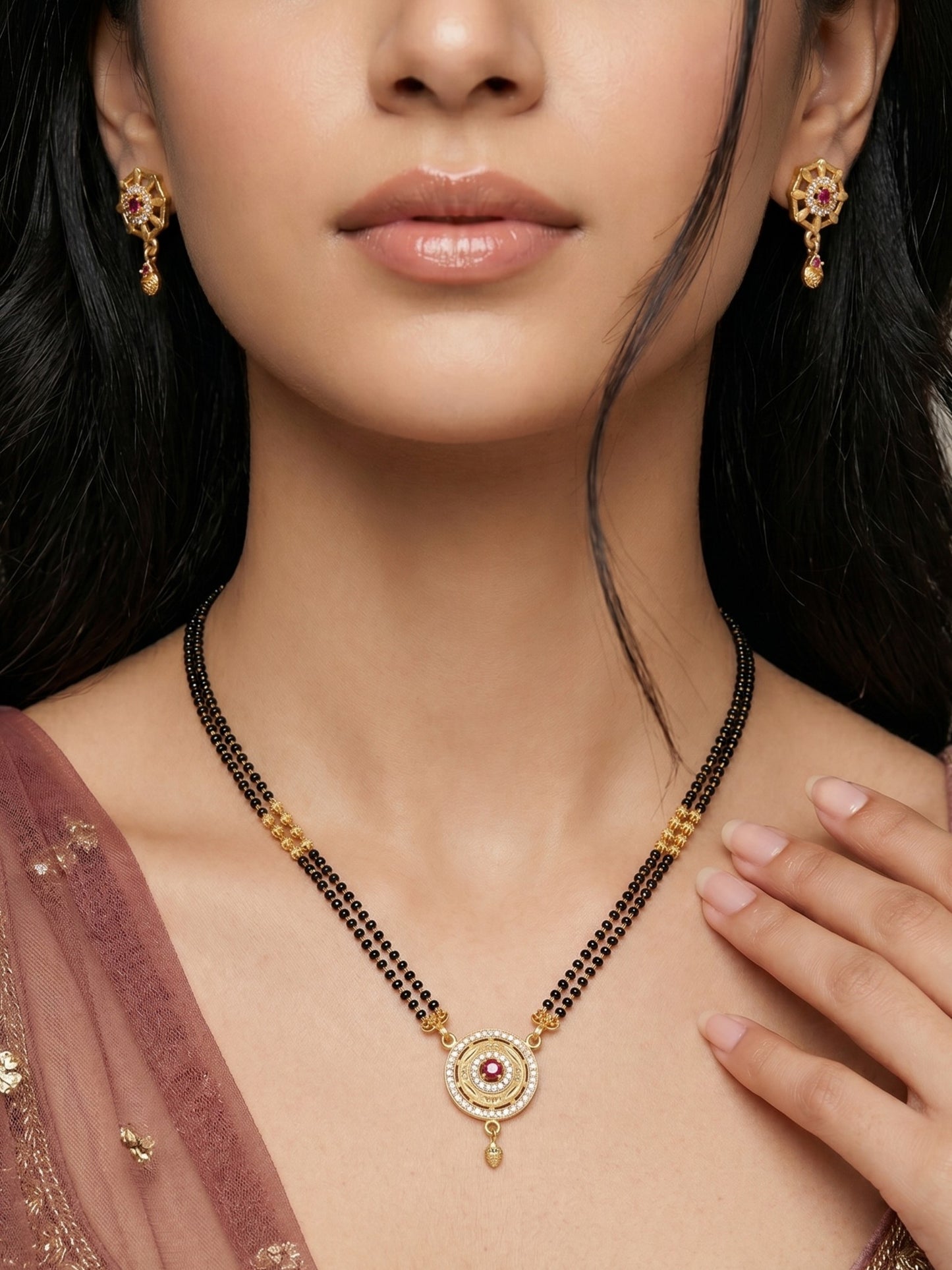 Gold-Toned Stone Studded Mangalsutra with Matching Earrings Combo Set