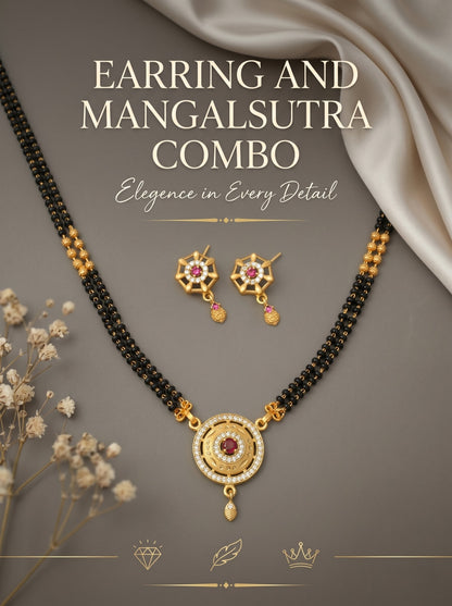 Gold-Toned Stone Studded Mangalsutra with Matching Earrings Combo Set