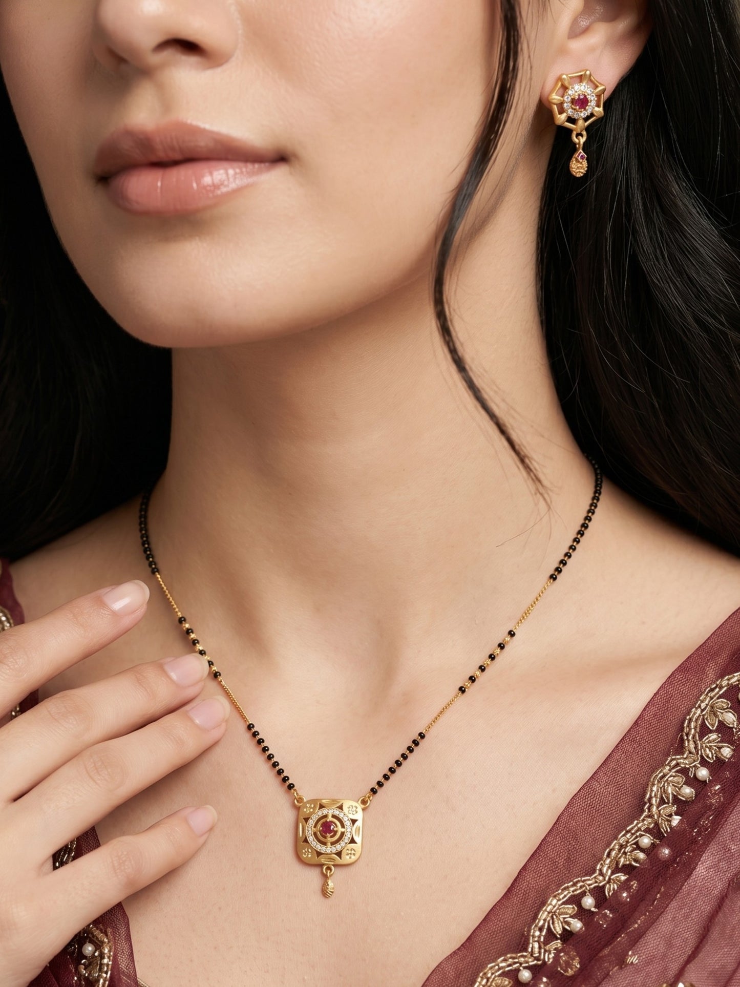 Gold-Toned Stone Studded Mangalsutra with Matching Earrings Combo Set