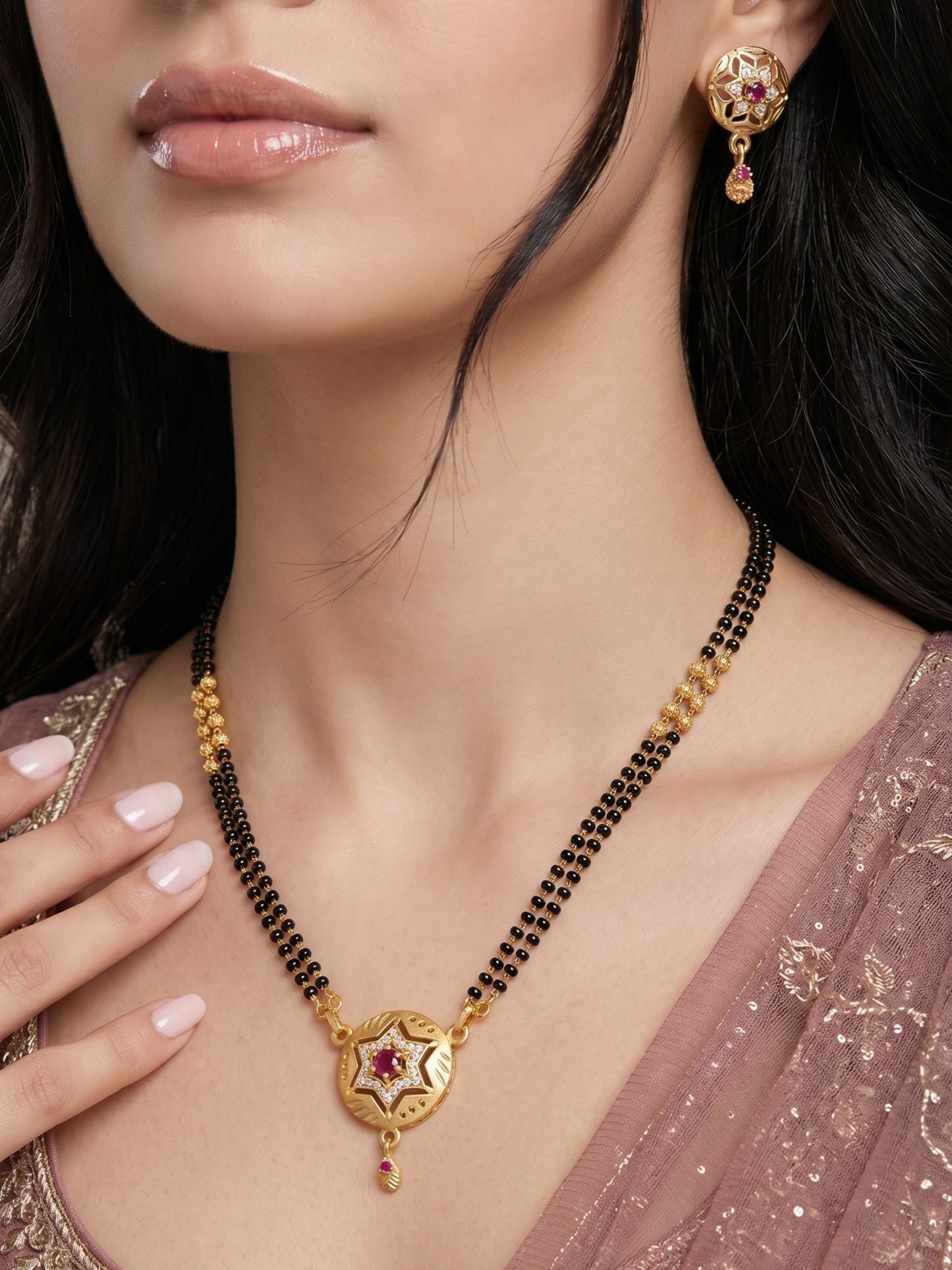 Gold-Toned Stone Studded Mangalsutra with Matching Earrings Combo Set