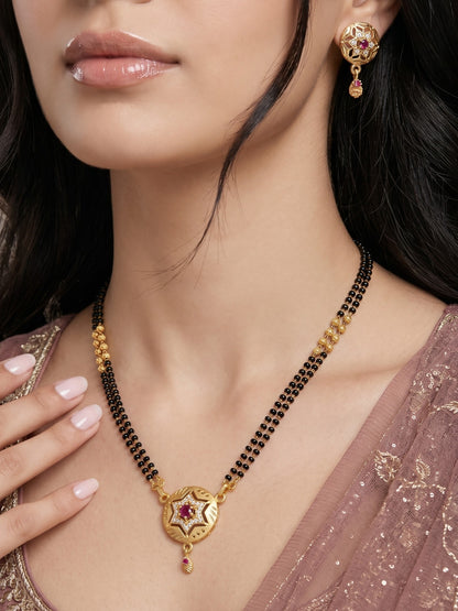 Gold-Toned Stone Studded Mangalsutra with Matching Earrings Combo Set