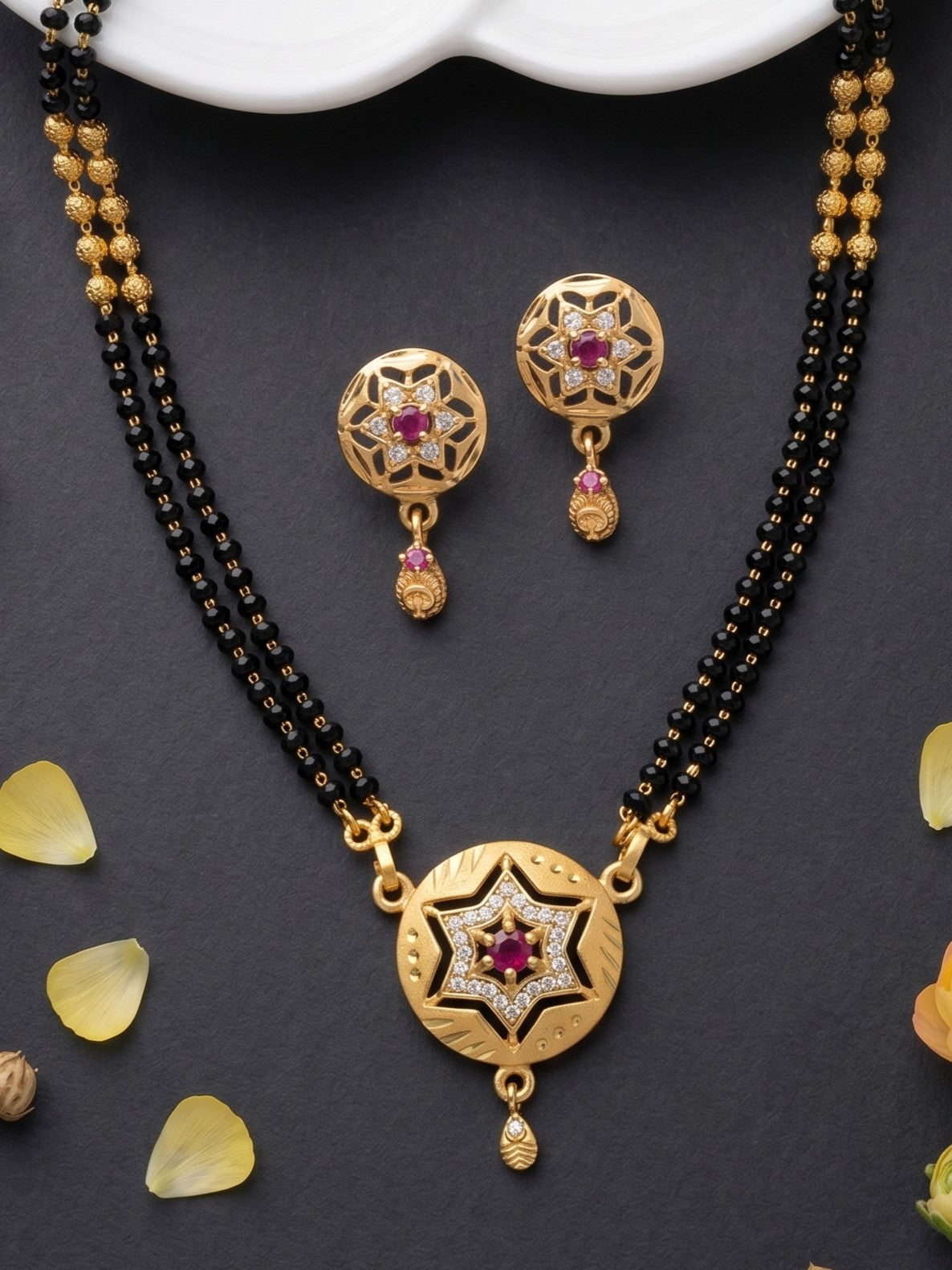 Gold-Toned Stone Studded Mangalsutra with Matching Earrings Combo Set