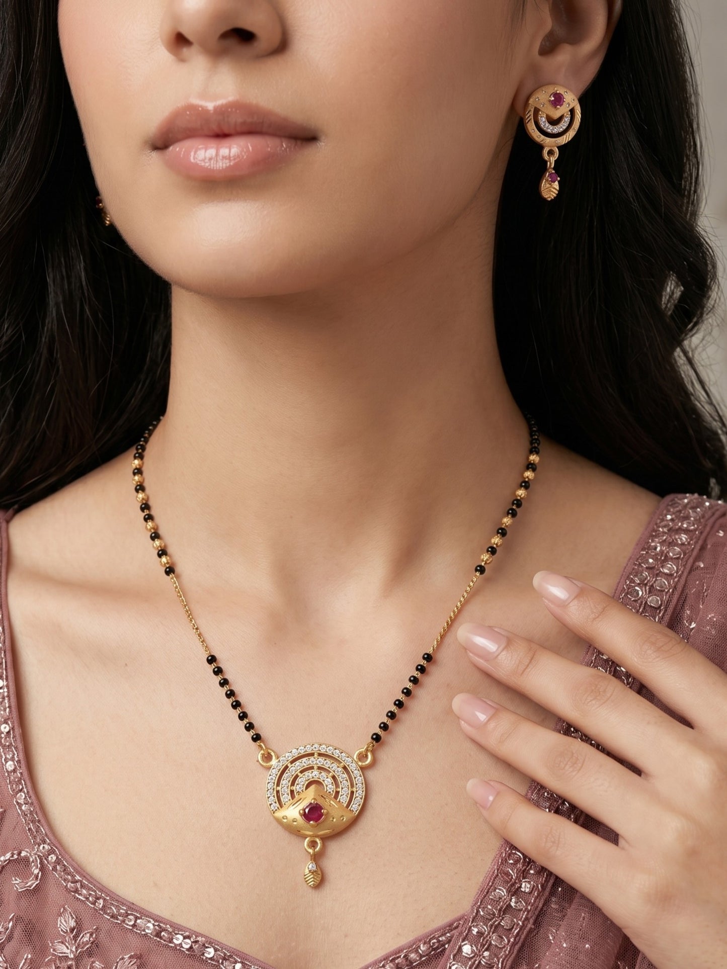 Gold-Toned Stone Studded Mangalsutra with Matching Earrings Combo Set