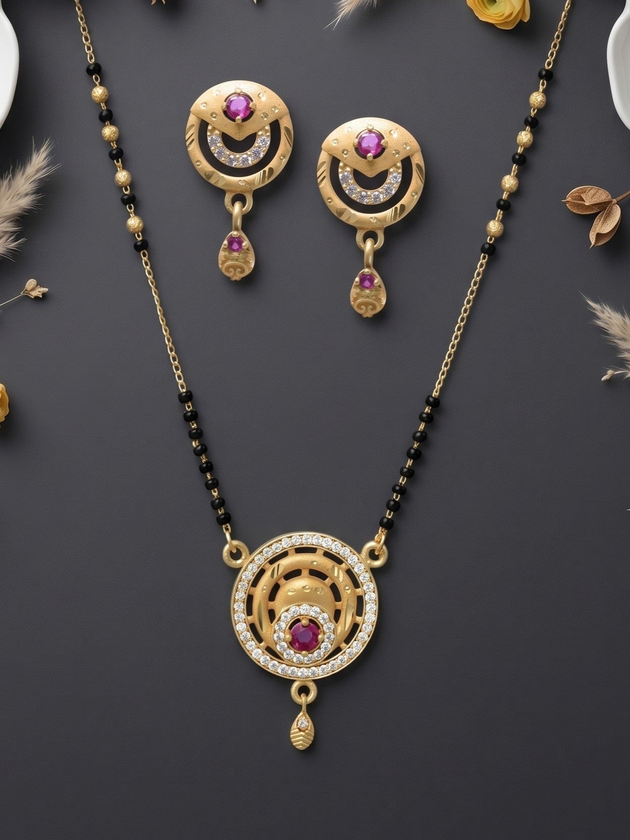 Gold-Toned Stone Studded Mangalsutra with Matching Earrings Combo Set