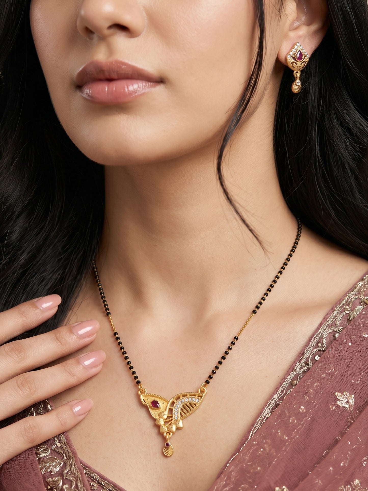 Gold-Toned Stone Studded Mangalsutra with Matching Earrings Combo Set