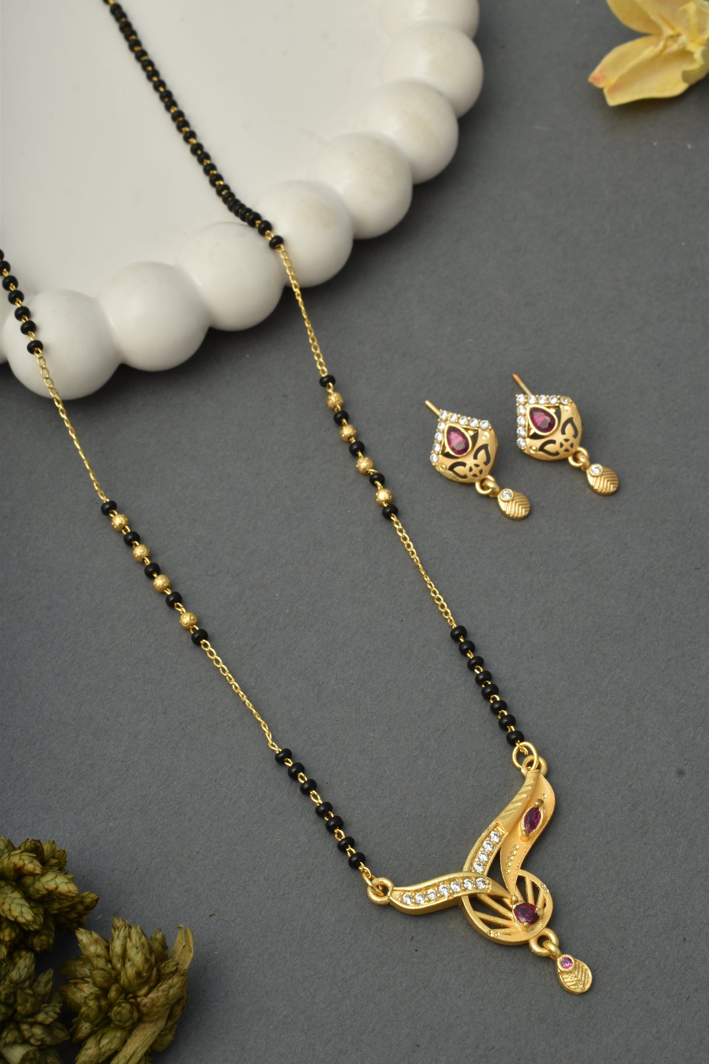 Gold-Toned Stone Studded Mangalsutra with Matching Earrings Combo Set