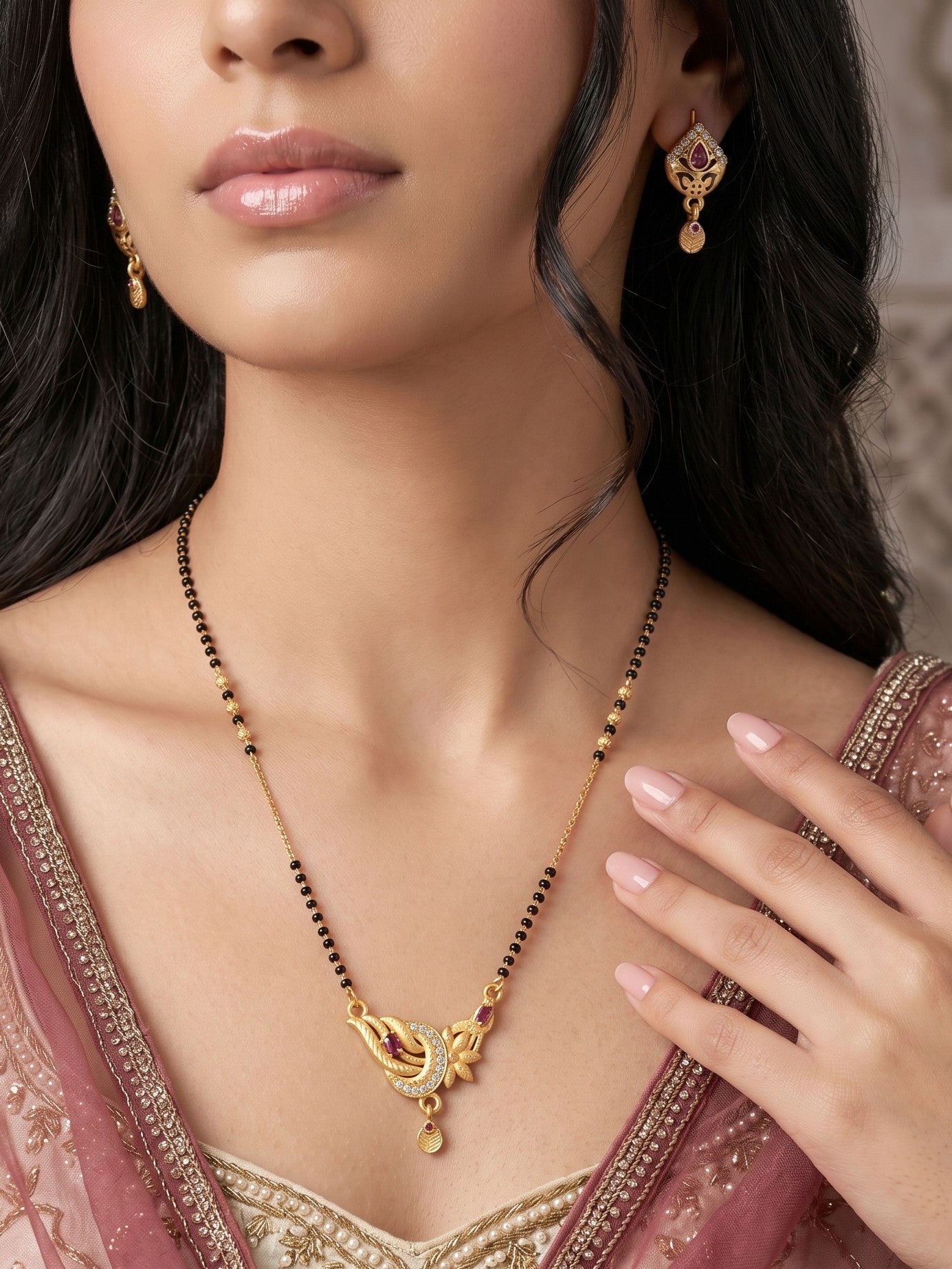 Gold-Toned Stone Studded Mangalsutra with Matching Earrings Combo Set