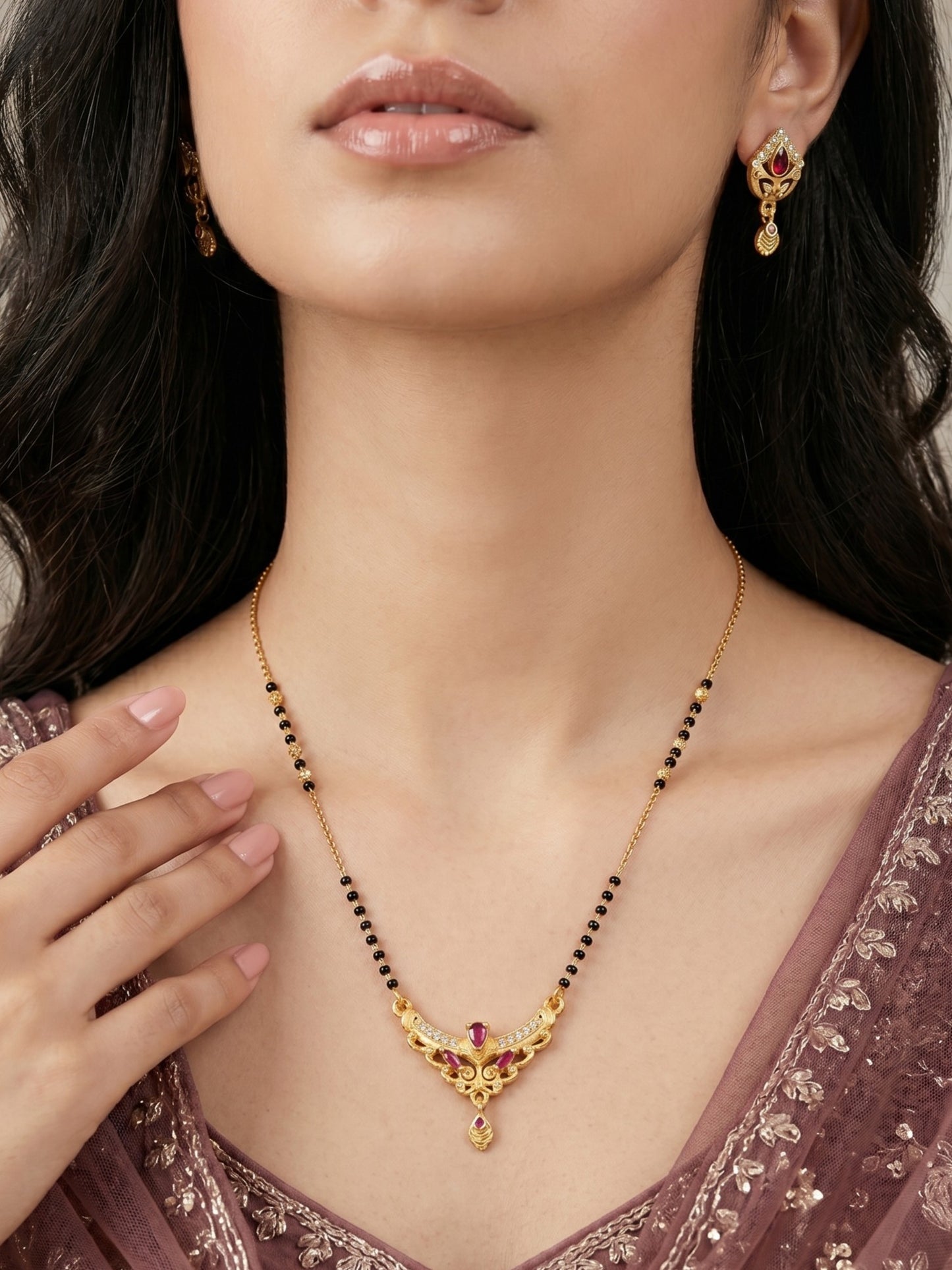 Gold-Toned Stone Studded Mangalsutra with Matching Earrings Combo Set