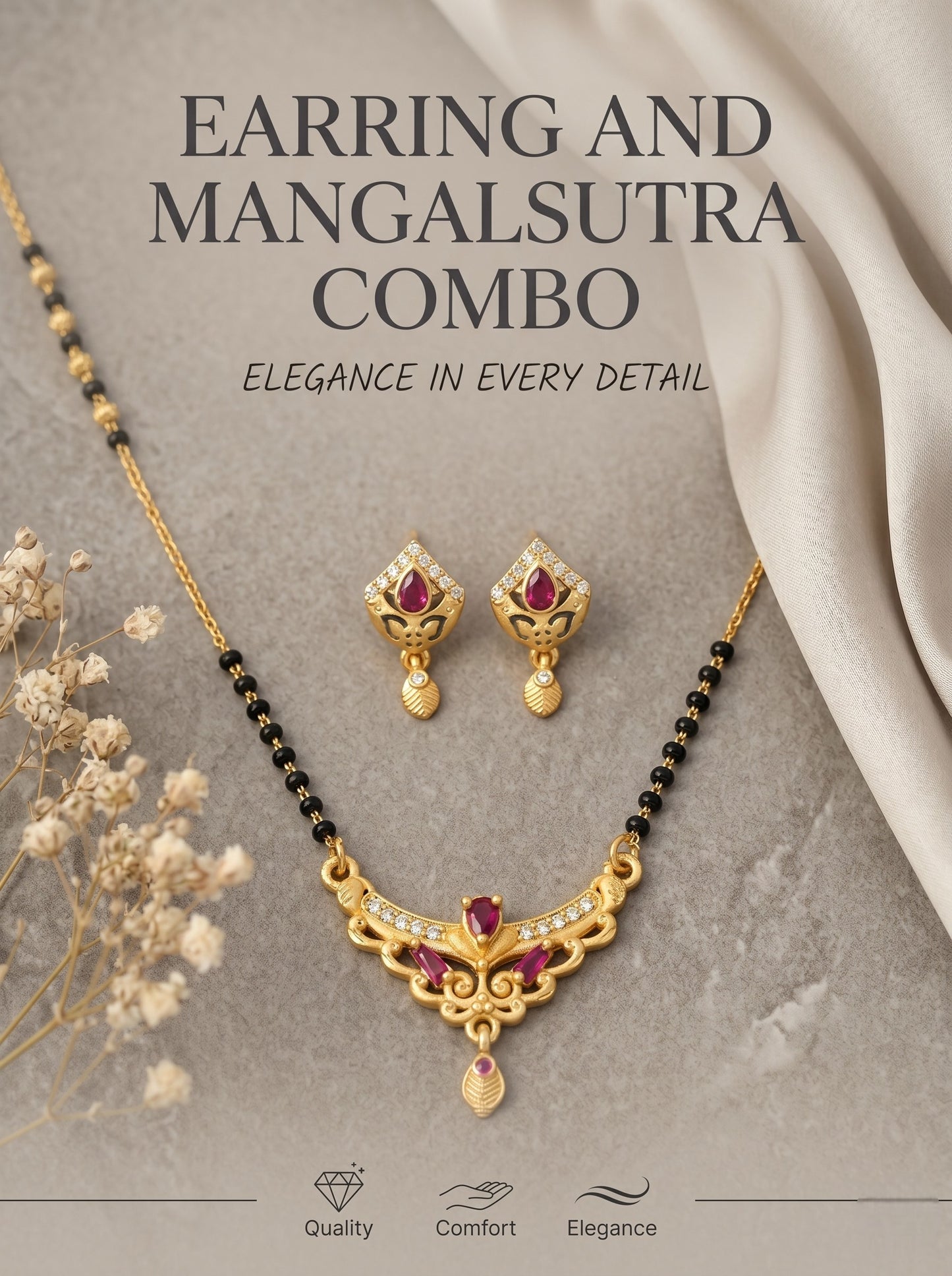 Gold-Toned Stone Studded Mangalsutra with Matching Earrings Combo Set