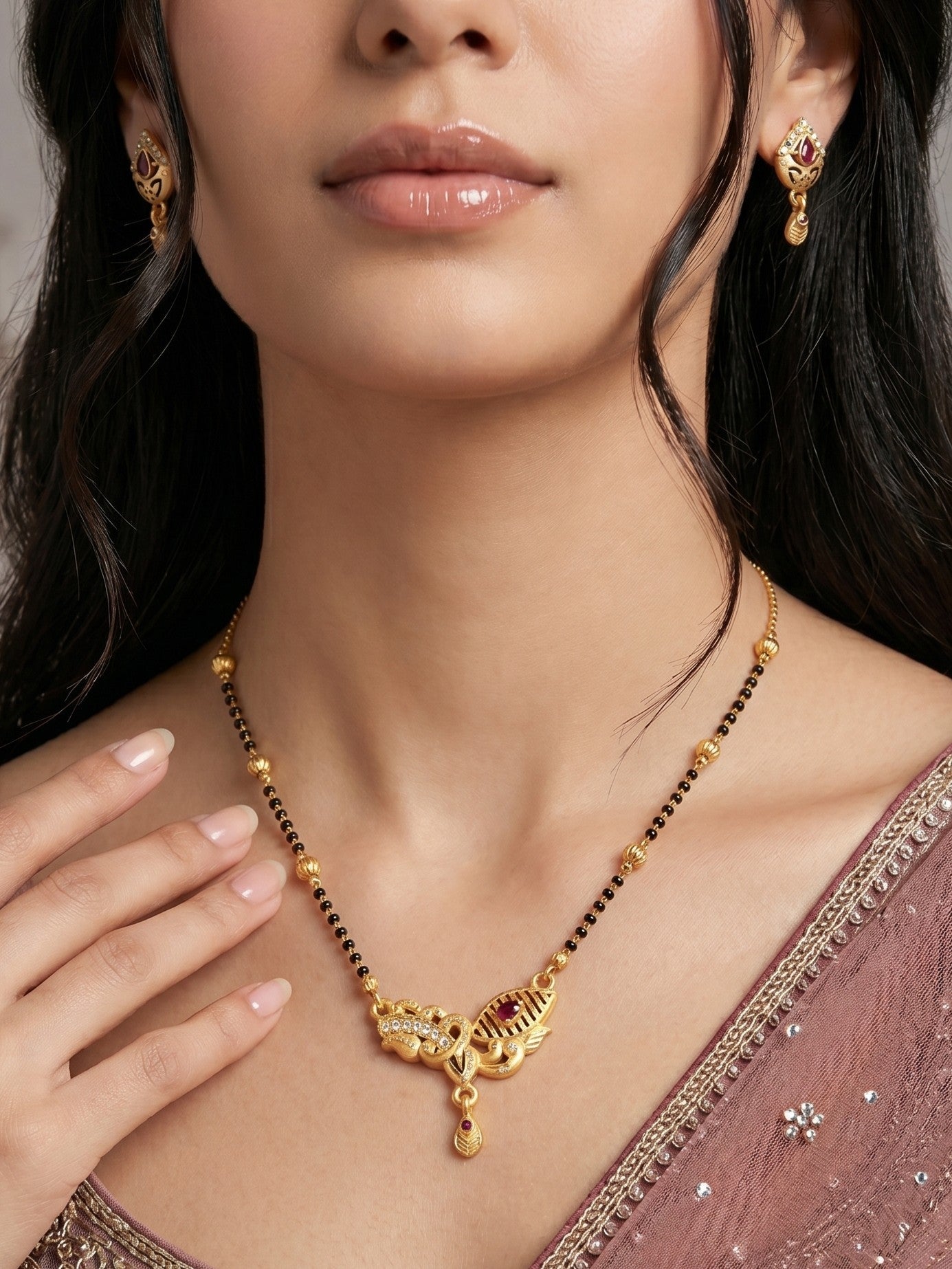 Gold-Toned Stone Studded Mangalsutra with Matching Earrings Combo Set