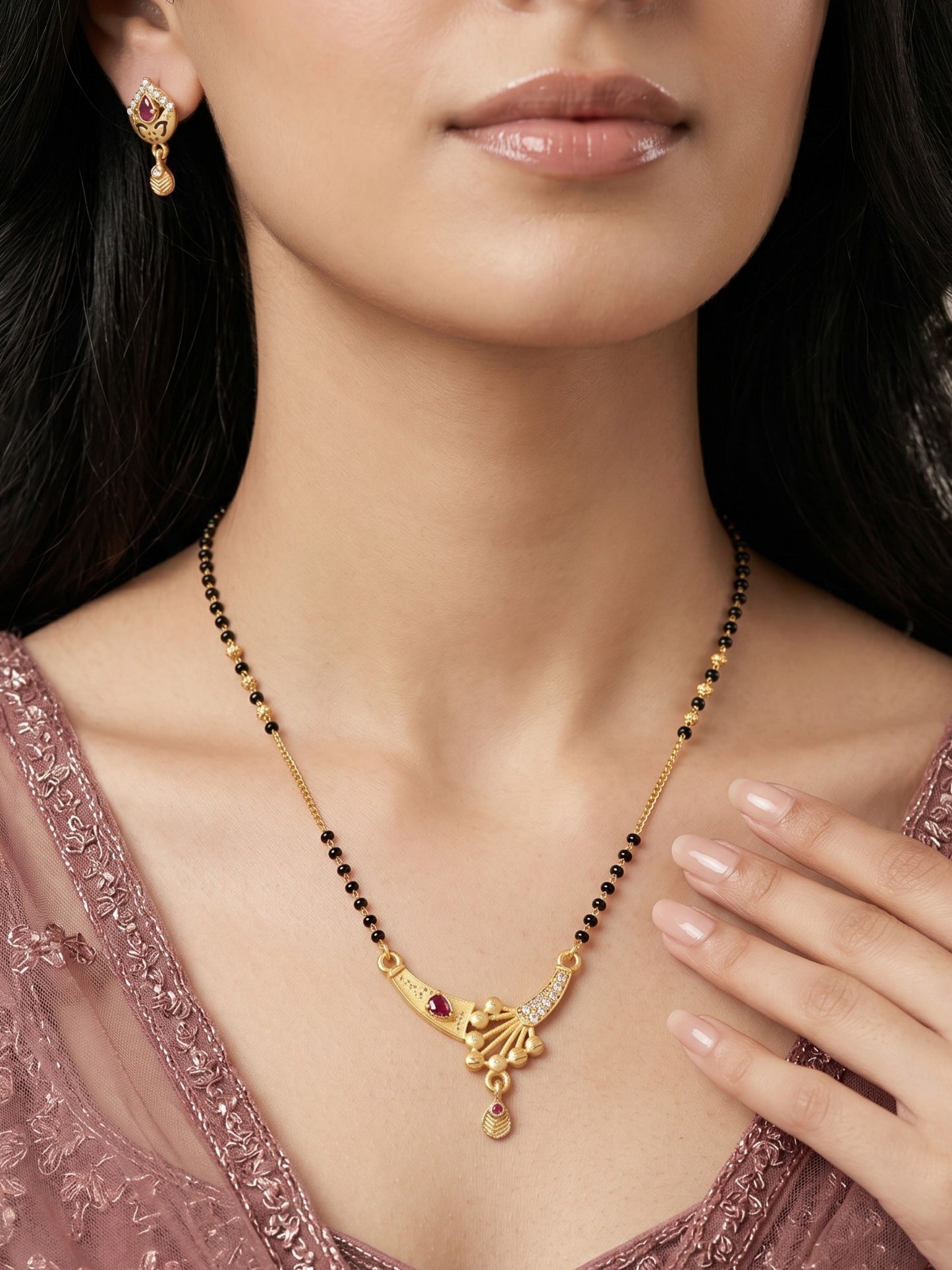 Gold-Toned Stone Studded Mangalsutra with Matching Earrings Combo Set