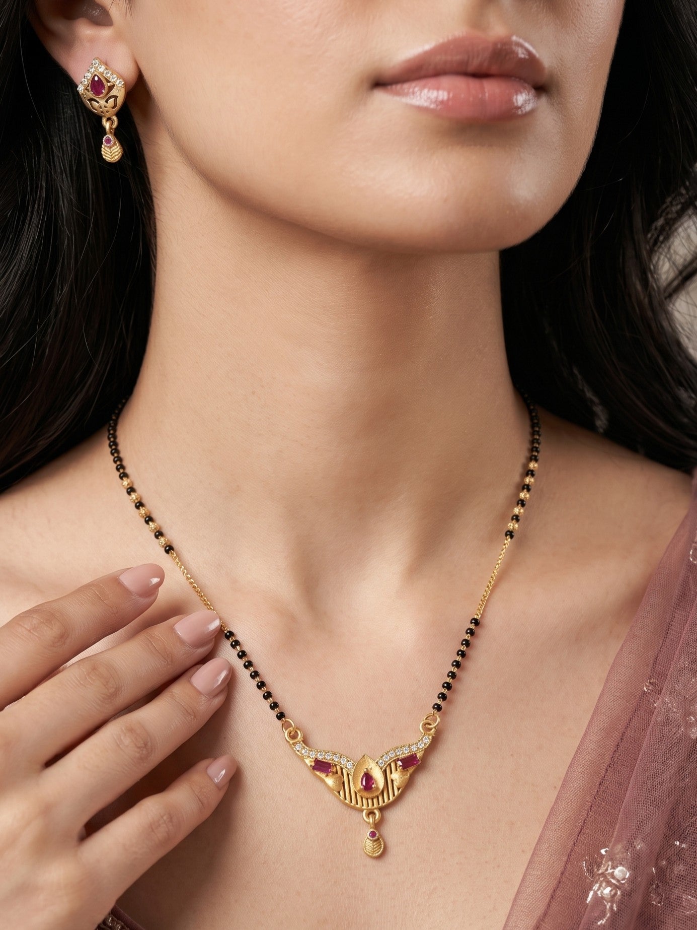 Gold-Toned Stone Studded Mangalsutra with Matching Earrings Combo Set