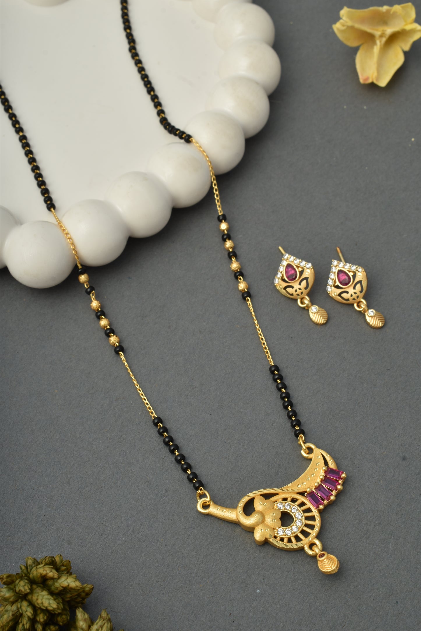 Gold-Toned Stone Studded Mangalsutra with Matching Earrings Combo Set