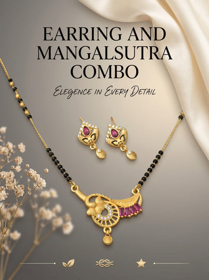 Gold-Toned Stone Studded Mangalsutra with Matching Earrings Combo Set