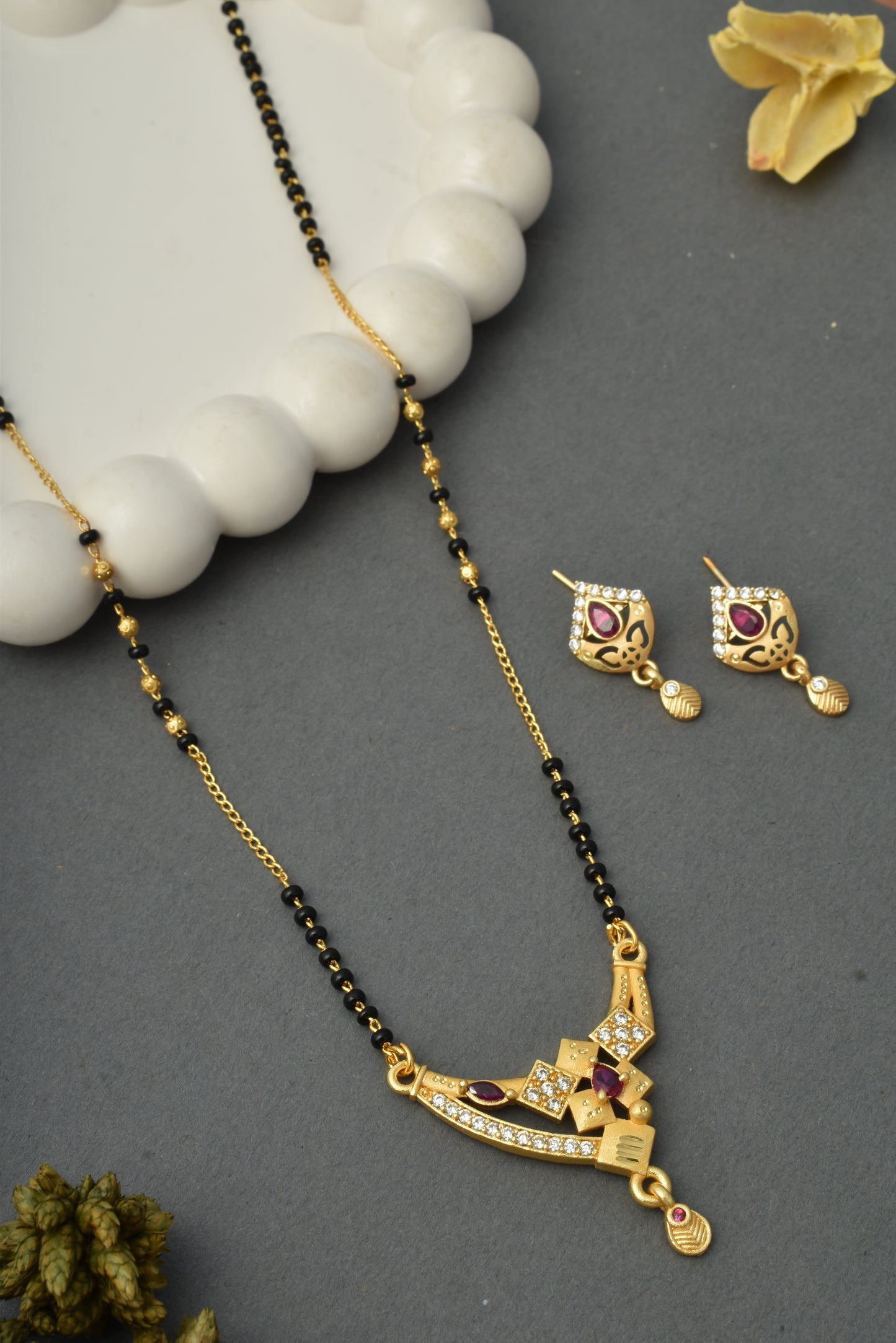 Gold-Toned Stone Studded Mangalsutra with Matching Earrings Combo Set
