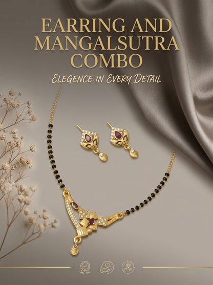 Gold-Toned Stone Studded Mangalsutra with Matching Earrings Combo Set