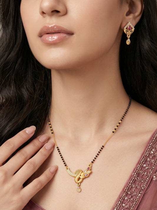Gold-Toned Stone Studded Mangalsutra with Matching Earrings Combo Set