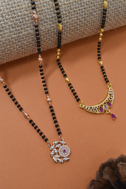 Meira Jewellery Traditional Black Bead Combo Mangalsutra Necklace for Women, Gold & Rose Gold Plated CZ Stone Stylish Mangalsutra Pendant Chain for Daily & Festive Ethnic Set of 2 Tanmaniya-01