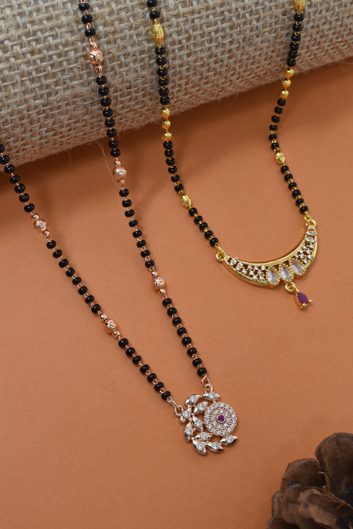 Meira Jewellery Traditional Black Bead Combo Mangalsutra Necklace for Women, Gold & Rose Gold Plated CZ Stone Stylish Mangalsutra Pendant Chain for Daily & Festive Ethnic Set of 2 Tanmaniya-02