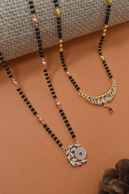 Meira Jewellery Traditional Black Bead Combo Mangalsutra Necklace for Women, Gold & Rose Gold Plated CZ Stone Stylish Mangalsutra Pendant Chain for Daily & Festive Ethnic Set of 2 Tanmaniya-02